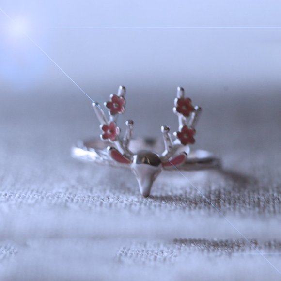 Christmas Deer Ring Adjustable Sterling Silver Animal Ring Pink Flower Ring her - Picture 5 of 6